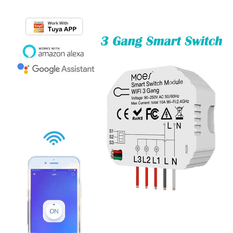 

WiFi Mini Smart Light Switch 3 Gang 1/2 Way Modules Timer for Tuya APP Remote Control Support Alexa Google Home Voice Control