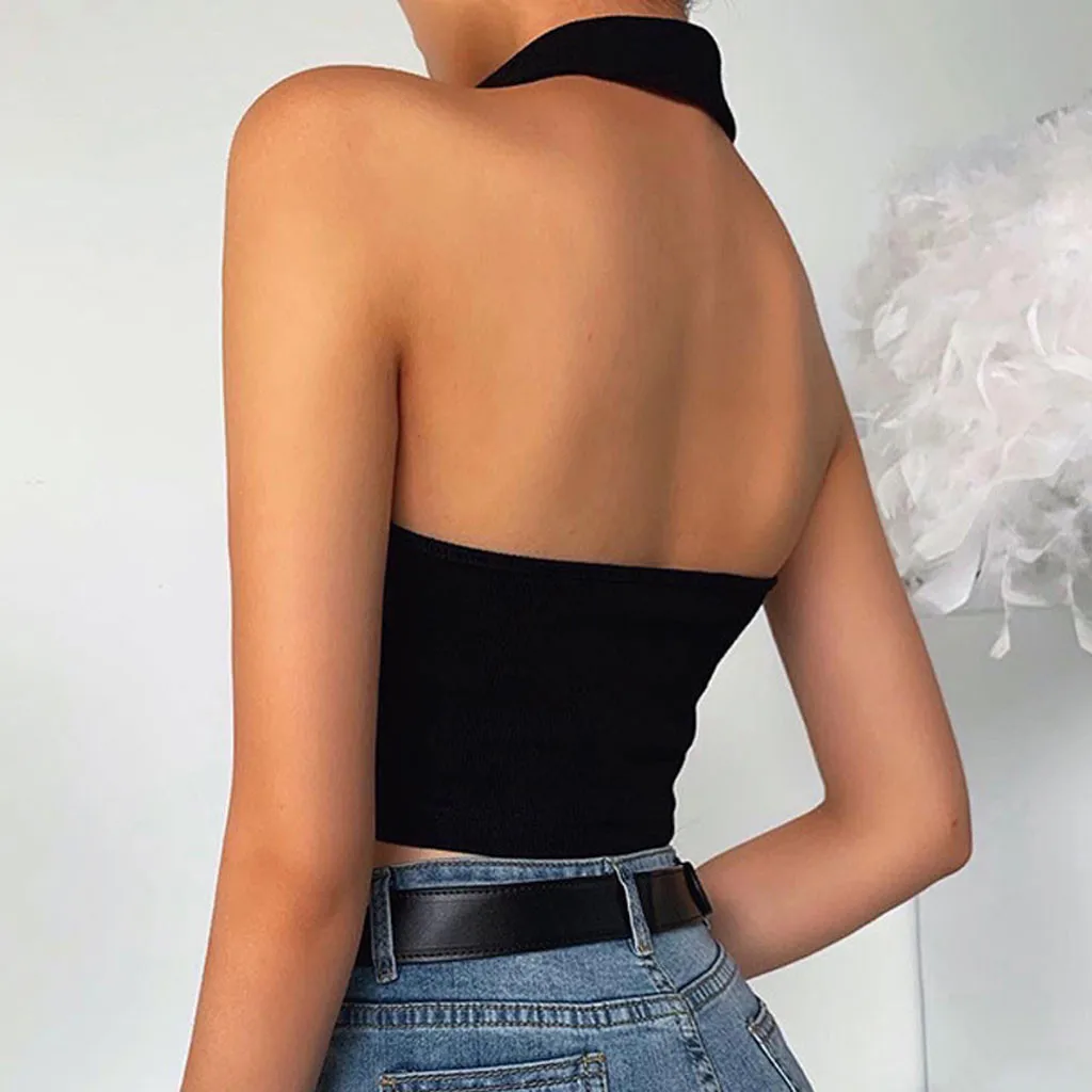 

Women Crop Top Halter Buttons V-neck Sleeveless Vest Slim Short Lapel Tops Black Solid Backless Tees Sexy Tanks haut femme 2021