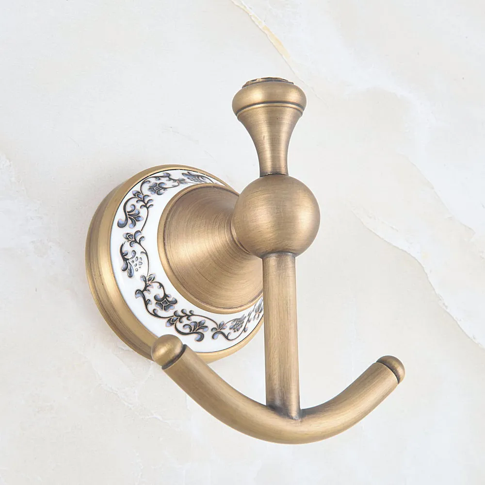 

Antique Brass Ceramic Base Wall Mounted Double Robe Hooks Coat Hat Towel Hook Hanger Bathroom Accessory aba770