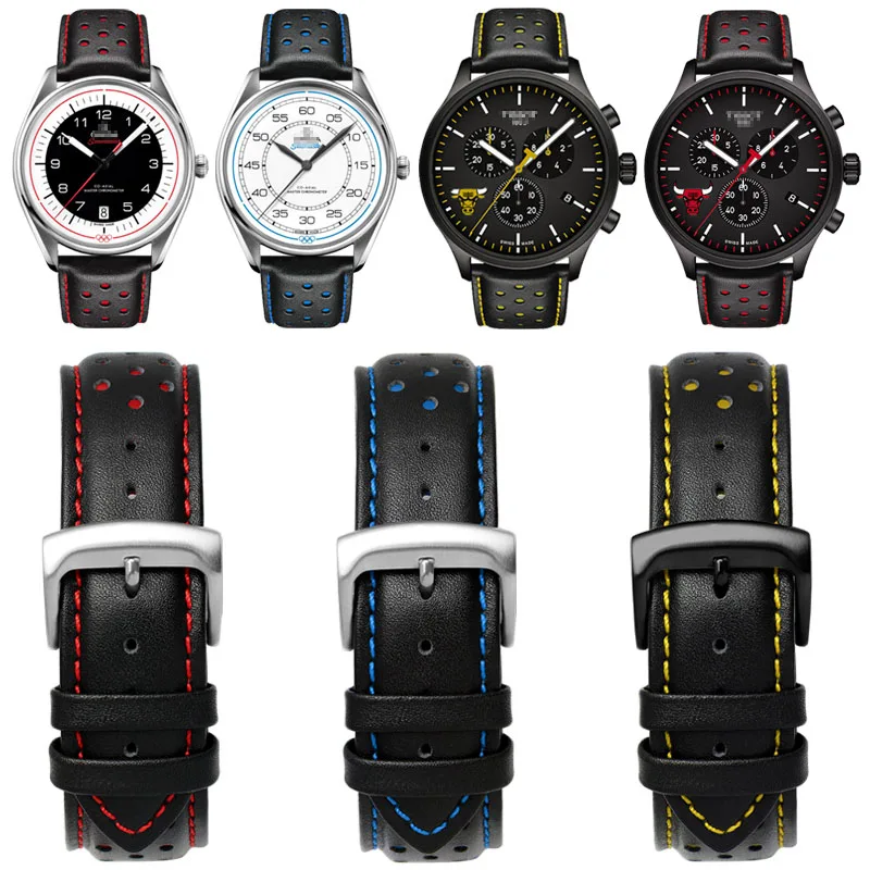20 22mm Genuine Leather Watchband Charm Leather Bracelet Sport Watch Strap Mens Wristwatches Band Belts Black Blue Red Stitched images - 6