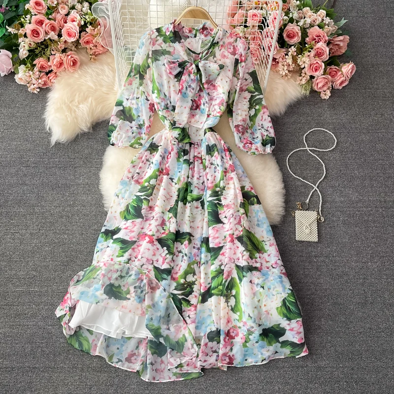 

Fashion Folds Ruffled Dress Women's Retro Flower Print Vestidos Female High Waist Skirt Robe Dress 2021 платье летнее женское