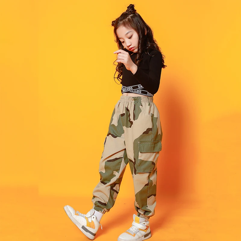 Детская модная черная рубашка камуфляжные брюки танцевальная одежда для девочек