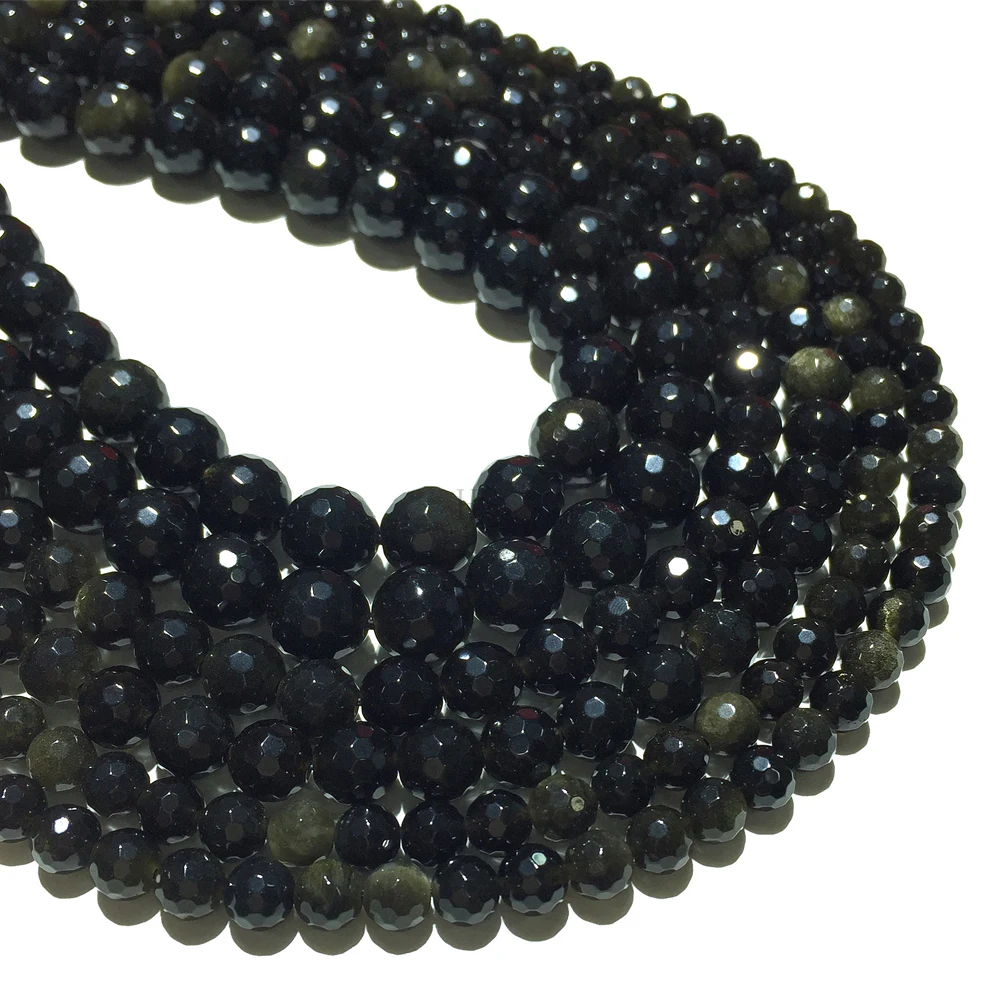 Заводская цена натуральный граненый черный обсидиан круглая свободная бусина