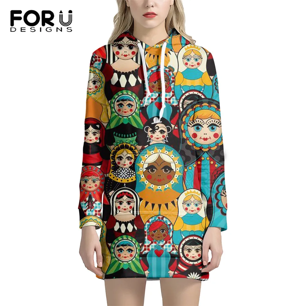 

FORUDESIGNS 2021 New Brand Matryoshka Printing Women Loose Pullovers Autumn Ladies Long Sleeve Hoodie Dress for Females Mujer