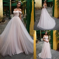 pink tulip wedding clothes with sleeves 2021 off shoulder darling lace up floor long wedding bride vestido de noiva