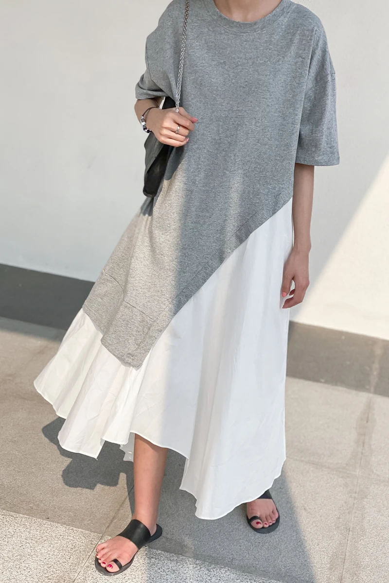 

SuperAen 2021 Fashion Asymmetric Design Stitched Short-sleeved Dress Korean Style Loose Big Size Casual Dress