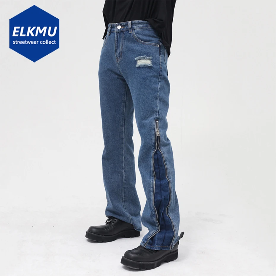 

Мужские синие расклешенные джинсы, длинные рваные джинсовые брюки на молнии, свободные уличные джинсы-багги в стиле хип-хоп для скейтборда, ...