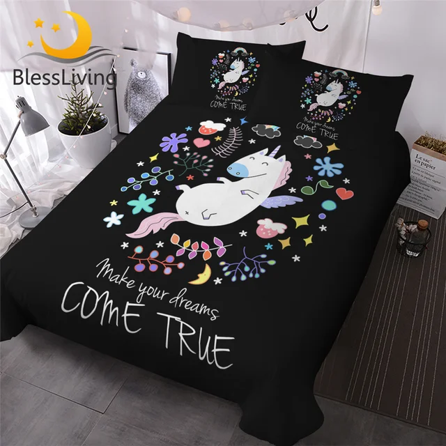 BlessLiving Magical Unicorn Bedding Set Cute Cartoon Duvet Cover 3pcs Stars Floral Bed Set Gift for Kids Teens Colorful Bedlinen 1