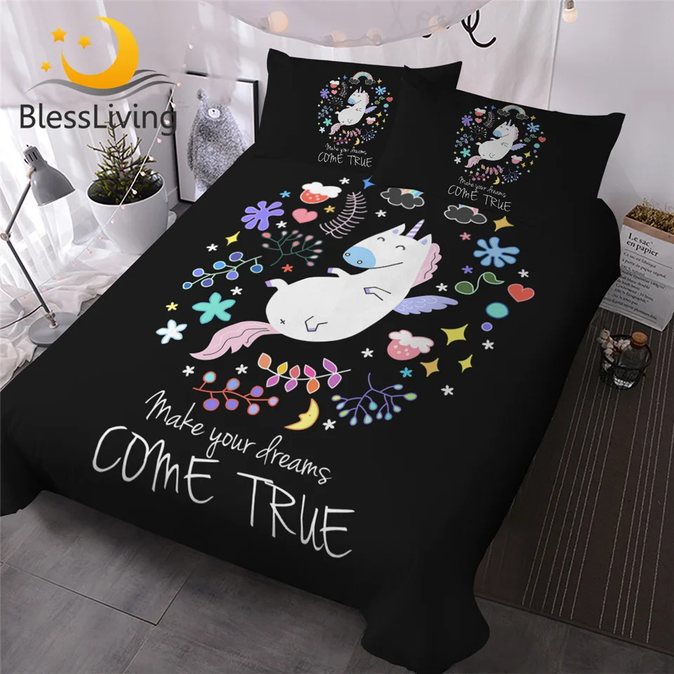 BlessLiving Magical Unicorn Bedding Set Cute Cartoon Duvet Cover 3pcs Stars Floral Bed Gift for Kids Teens Colorful Bedlinen | Дом и сад