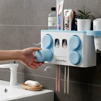 automatic toothpaste dispenser with4 wash cups wall mounted toothbrush holder hair dryer shelves bathroom organizer storage rack