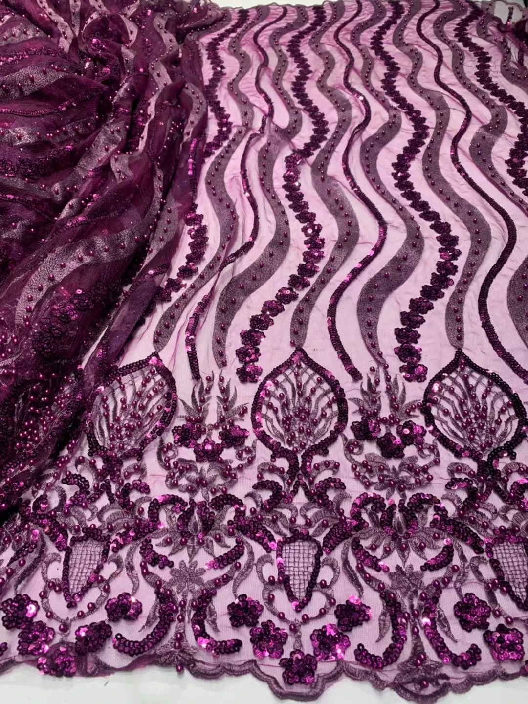 

Новейшая Роскошная Свадебная кружевная ткань с фиолетовыми бусинами, Тюль с вышивкой, кружевная ткань с блестками для вечернего платья