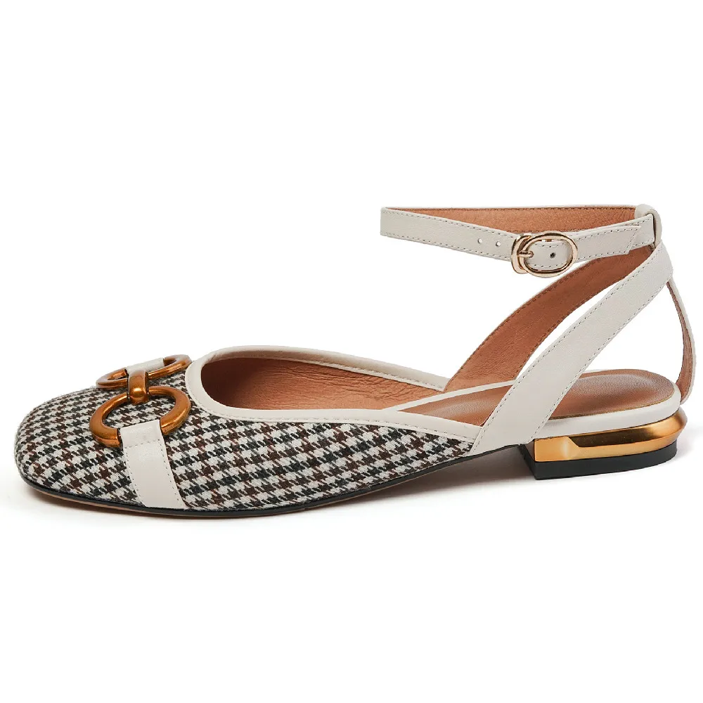 

Women's genuine leather fabric patchwork ankle strap flats sandals square toe metal buckle retro female casual single shoes sale