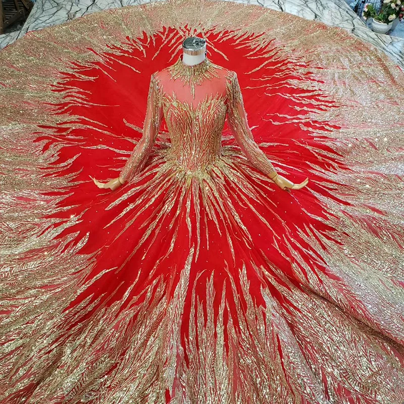 HTL795 muslim wedding dress with bridal veil beading pattern high neck long sleeves golden lace wedding gown red vestido novia