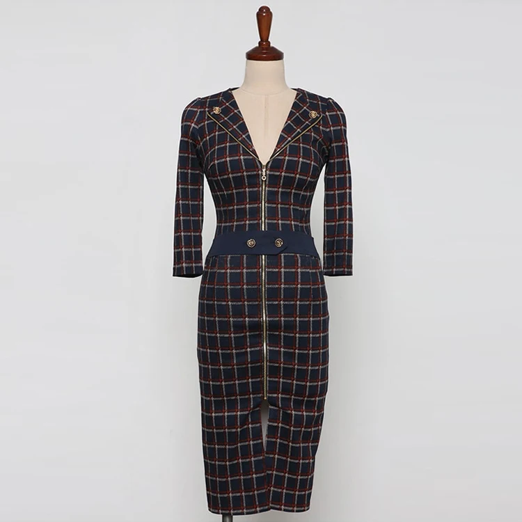 

2020 Spring Women's Korean Professional Temperament V-neck Slim Retro Plaid Mid-length Split Dress