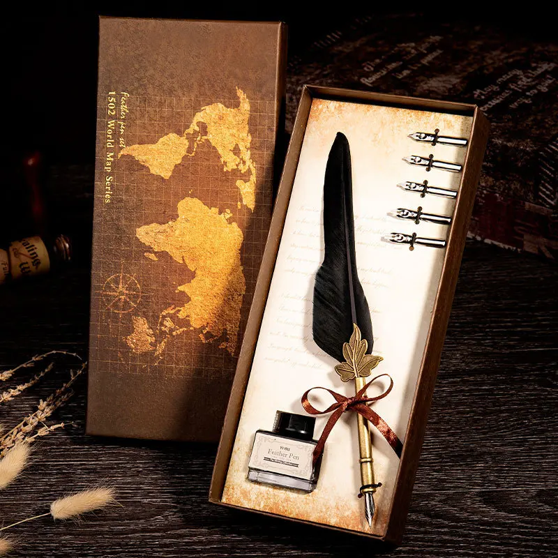 

dip pen metal beadable inkpensEuropean retro feather pen gift box set golden feather pen creative calligraphy dip pen featherpen