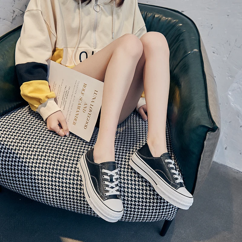 

2021 new fashion white women's real cowhide short fat sneakers white shoes with thick bottom women wear casual shoes