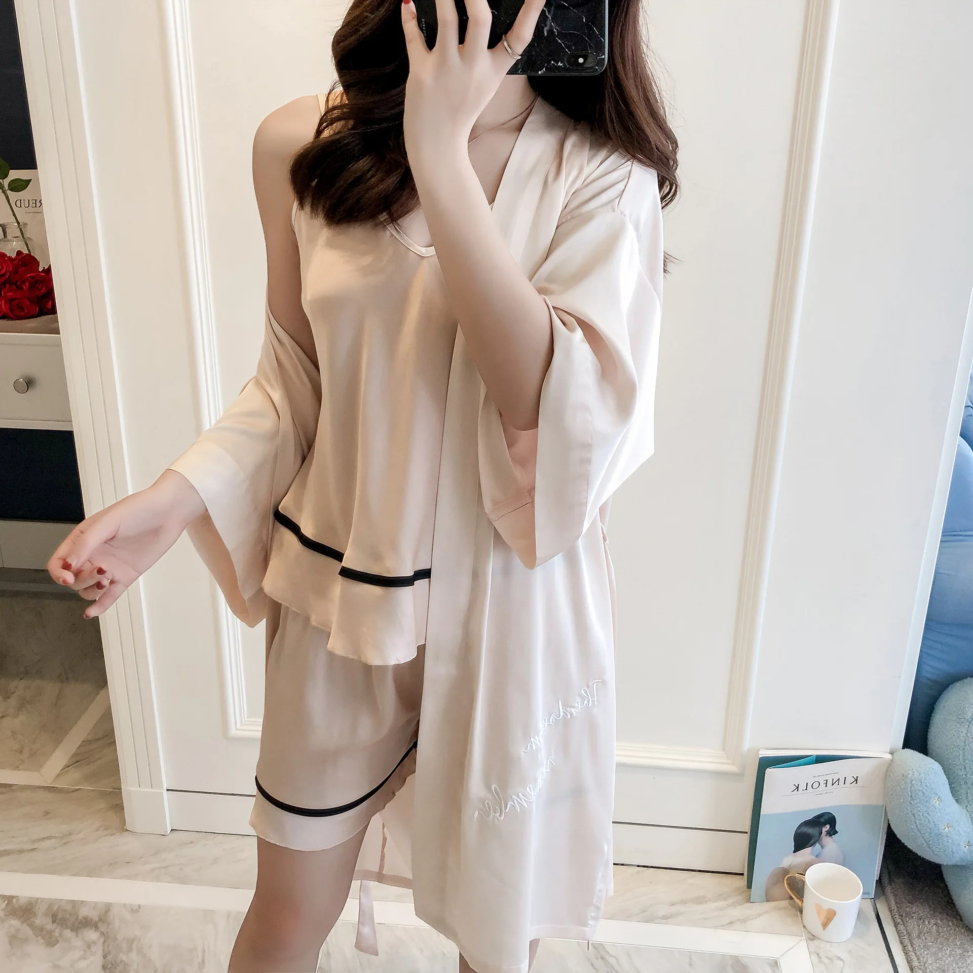 

Womens 3PC sling shorts robe Suit Pajamas Sleepwear Sets Spring Home Wear Nightwear Sexy Kimono Robe Bath Gown Bathrobe M-2XL
