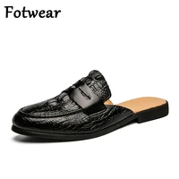 leather men sandals black brown male mules breathable outdoor casual shoes slip on flats adult penny loafers crocodile pattern