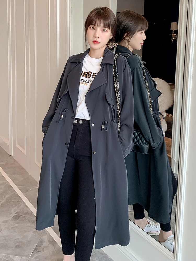 

Streetwear Solid Blue Color Windbreaker Long Jacket Elegant long sleeve winter coats Female Clothing