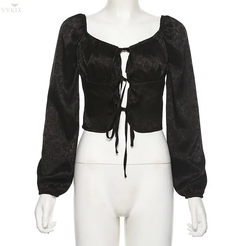 Женские блузки на шнуровке одежда с длинным рукавом и v-образным вырезом черная