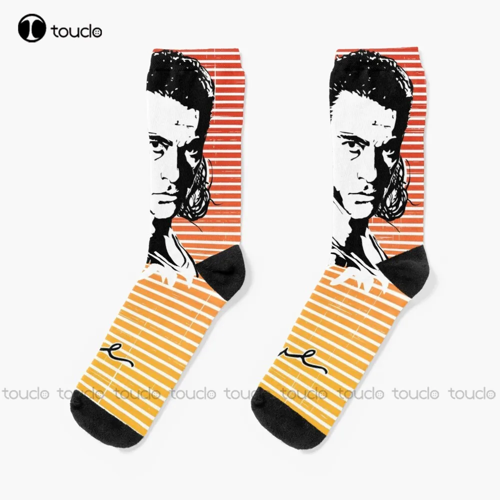 

Jean-Claude Van Damme Ink Portrait Sunset Background Socks White Socks Personalized Custom Unisex Adult Teen Youth Socks