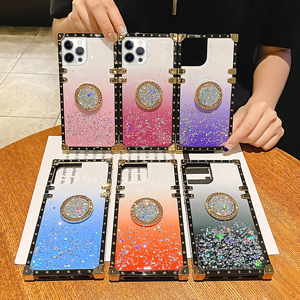 

Glitter Diamond Phone Case for iPhone 12 11 Pro Max 12 Mini X XR XS Max 7 8Plus PC Bling Cute Holder Stand Shockproof Back Cover