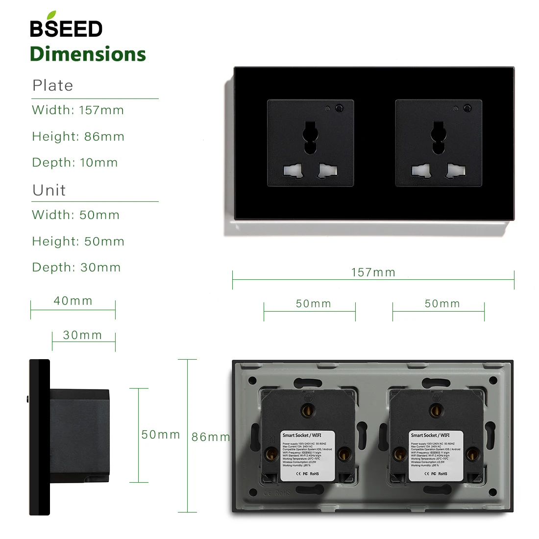 Розетка настенная многофункциональная черная/белая со стразами 13