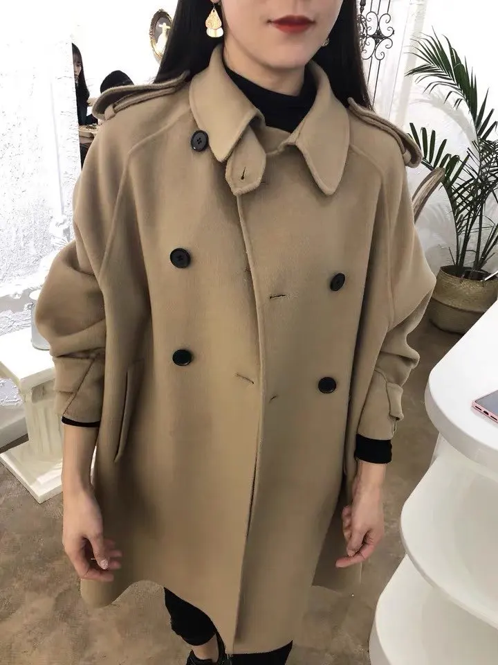 

New Fashion Cashmere Doll Collar Wool Coat For Women Warm Female Loose Double Breasted Woolen Jacket