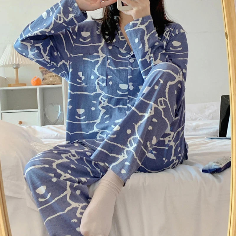 New spring and autumn couples cotton pajamas long-sleeved trousers two-piece female abstract painting home service male