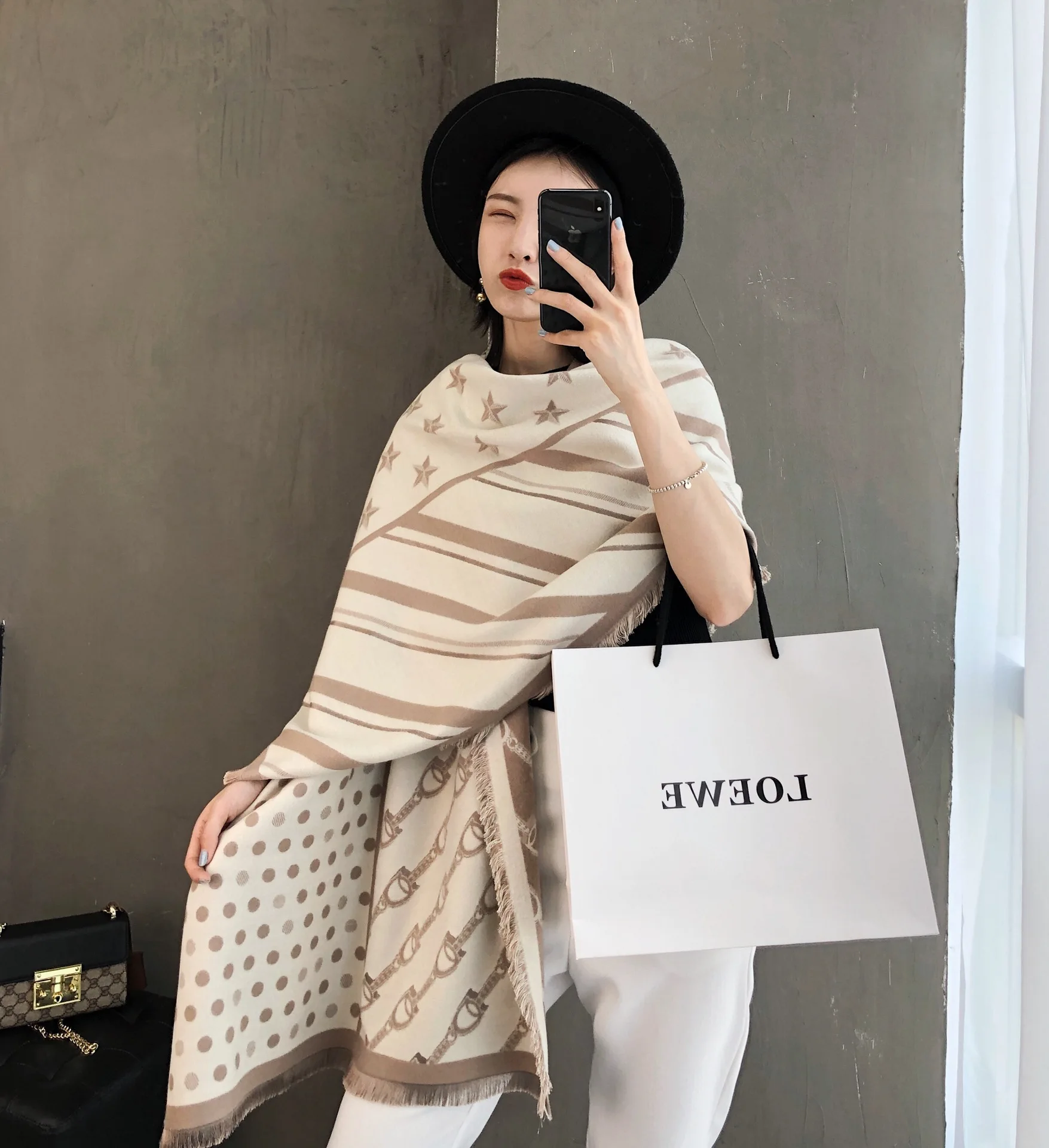 

Star Dot Twill Geometric Pattern Scarf Women's Autumn and Winter Cashmere-like Warming Scarf Long Thickened Shawl Women