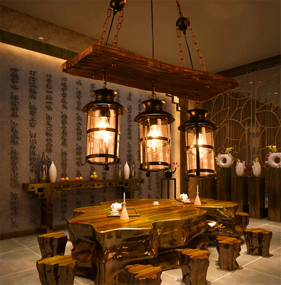 Винтажный подвесной светильник в стиле индастриал деревянный потолочный лофт