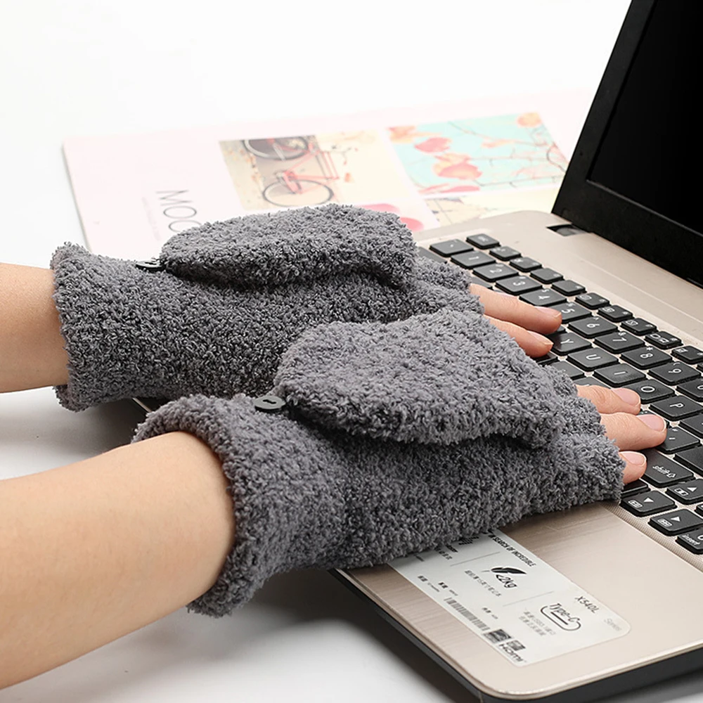 

New Winter Couple's Gloves Simple Cold-proof With Coral Fleece Flipped Half-finger Gloves Korean Warm Accessories