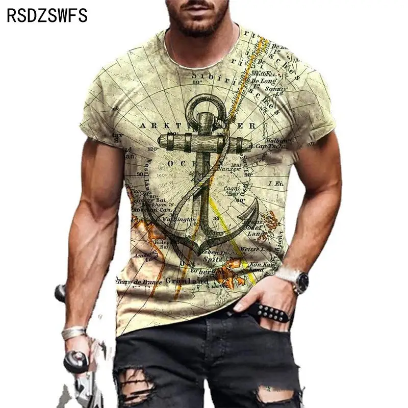 

New 2021 Map Anchor Print Top Men Casual Fashion Oversize T-shirt Short Sleeve O-Neck Streetwear Man Loose Tshirt Summer Clothes