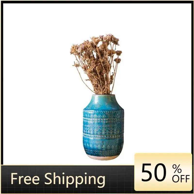 

Vintage Blue Flower Vase Ceramic Arrangement Small Vases Dried Flowers Japanese Decoration Macetero Antique Home Decor AA50HP