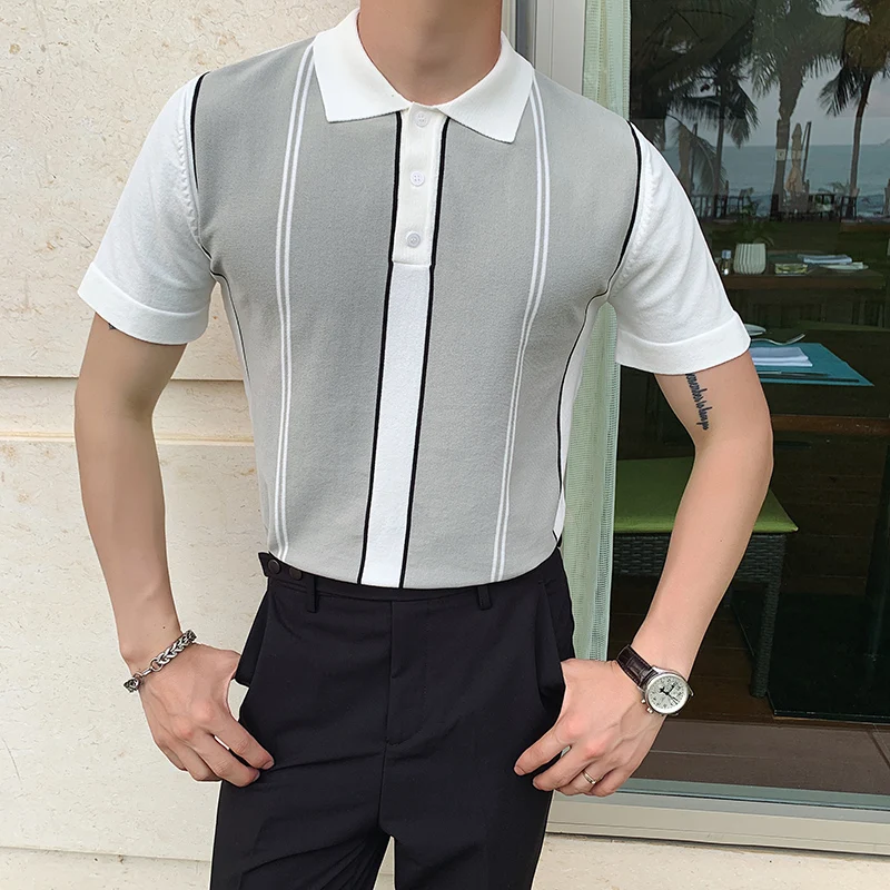 Мужская рубашка поло с коротким рукавом Модная вязаная Базовая лацканами в