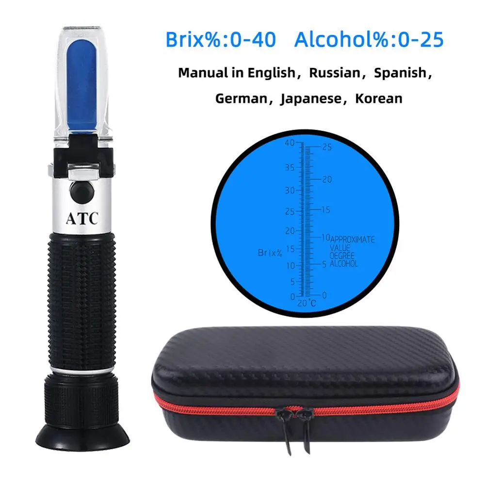 Yieryi Handle Refractometer  0~40% Brix 0~25% Alcohol Wort Specific Gravity Beer Fruit Juice Wine Sugar Test Meter with PU bag