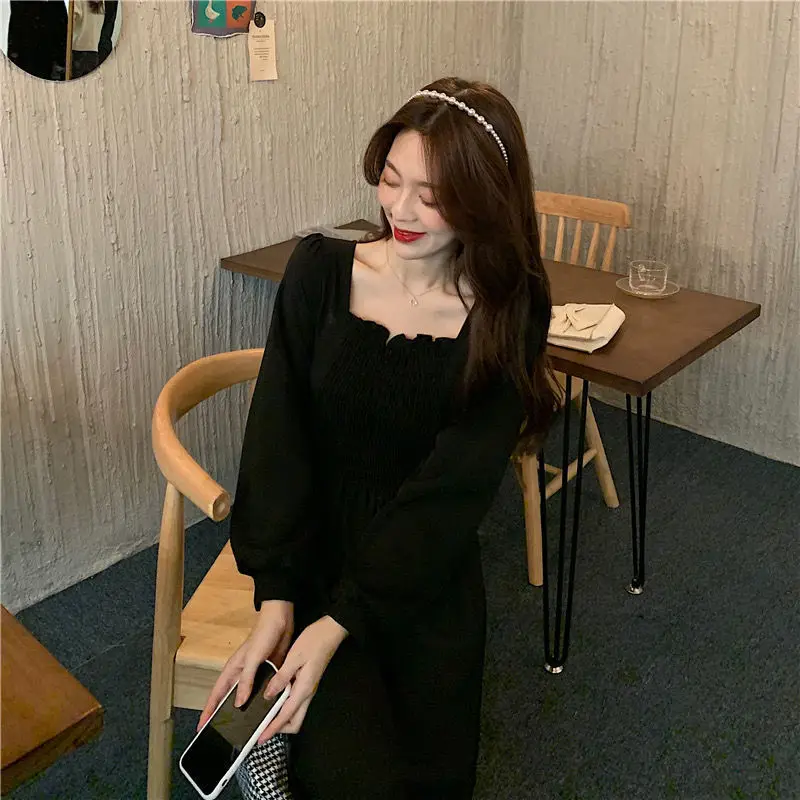 

French Elegant Full Sleeve Long Dress Black Square Collar Women Gothic Fairy Dress 2021 Wedding Party One-piece Spring Clothing