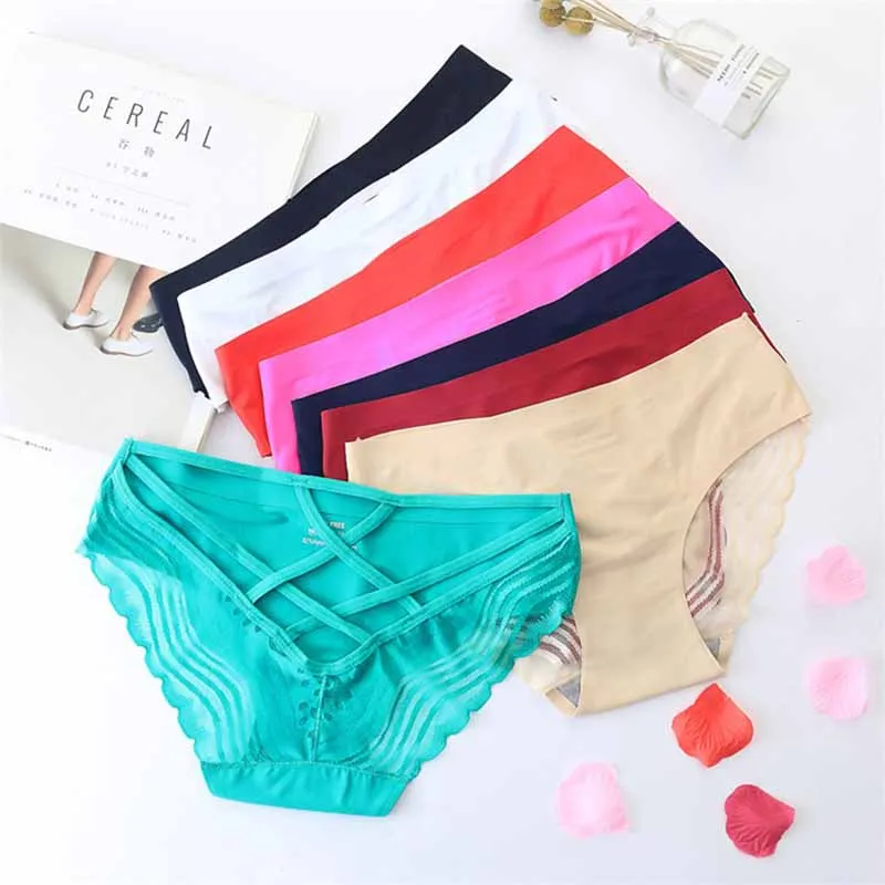 Women Sexy Ice Silk No Trace Triangle Panties Low waist Transparent Hollow Lace Mesh Belt Breathable Briefs Underwear | Женская одежда