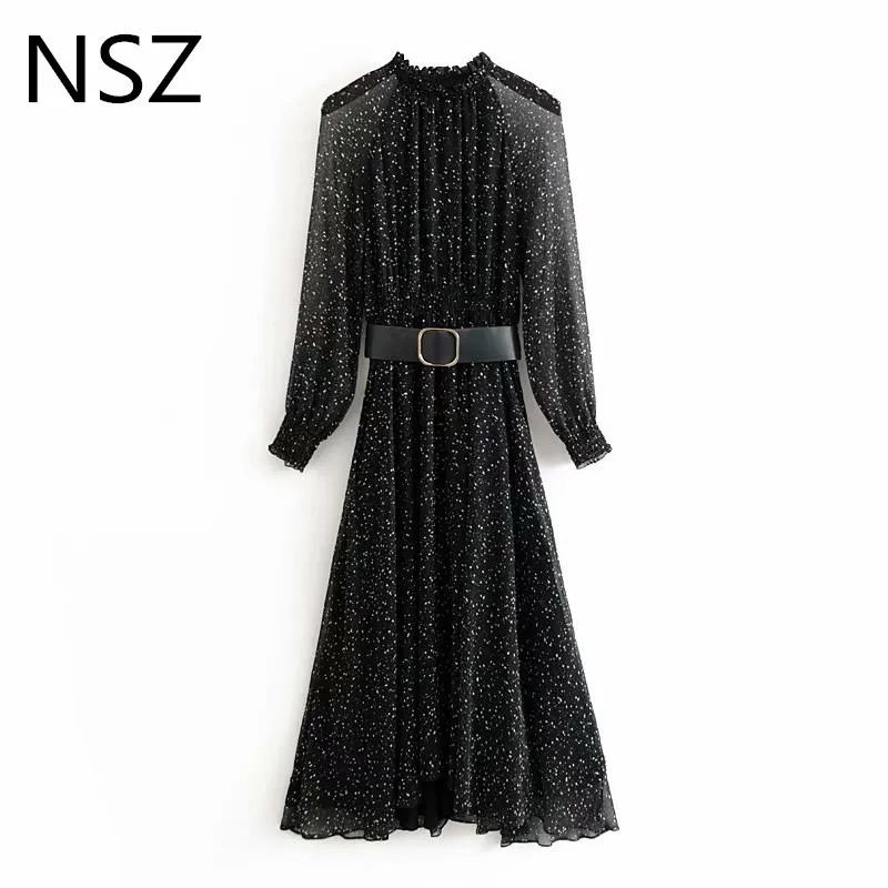 NSZ женское черное с принтом длинное платье длинным рукавом прозрачные платья