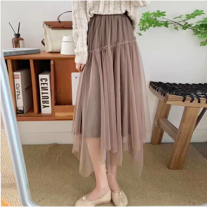 

Женская Асимметричная длинная юбка, однотонная Повседневная трапециевидная тонкая юбка из газовой ткани с высокой эластичной талией, весн...