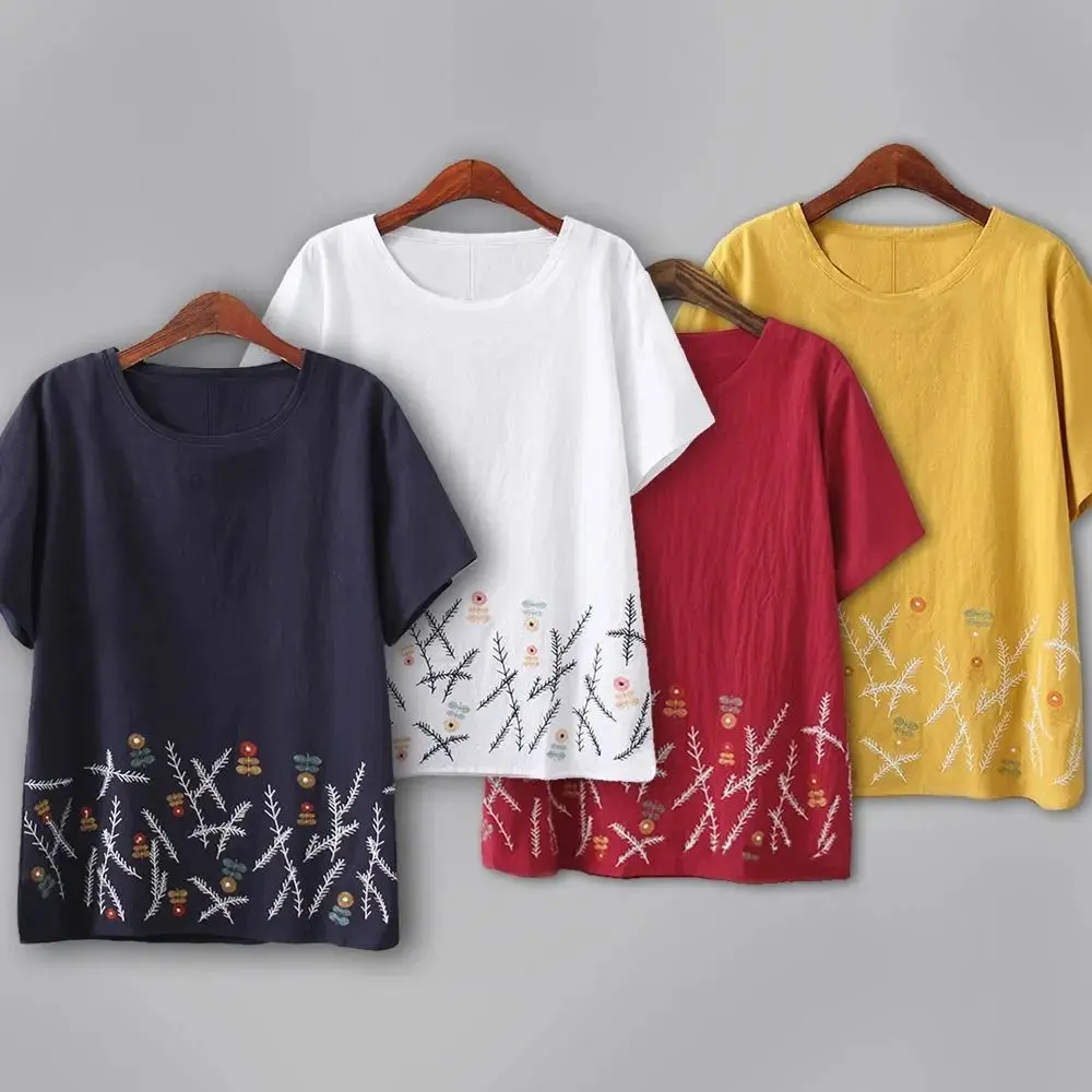 

100%Cotton Women Blouse Printed Short Sleeve O-neck Summer Shirts