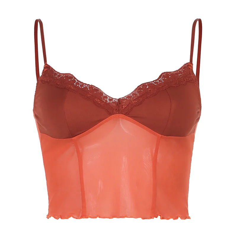 

Women's see-through mesh lace stitching exposed umbilical slim camisole