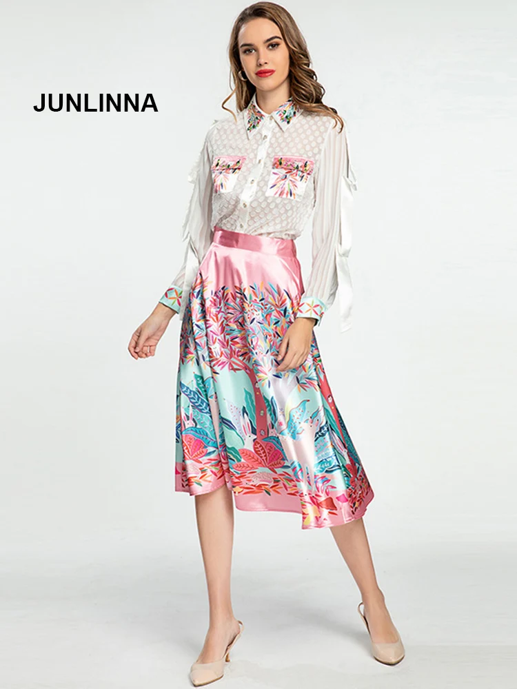

JUNLINNA Fashion Designer Women's Two Piece Dress Rhinestone Deco Shirt+Printed Expansion Skirt 2 Pieces Set Elegant Lady Sets