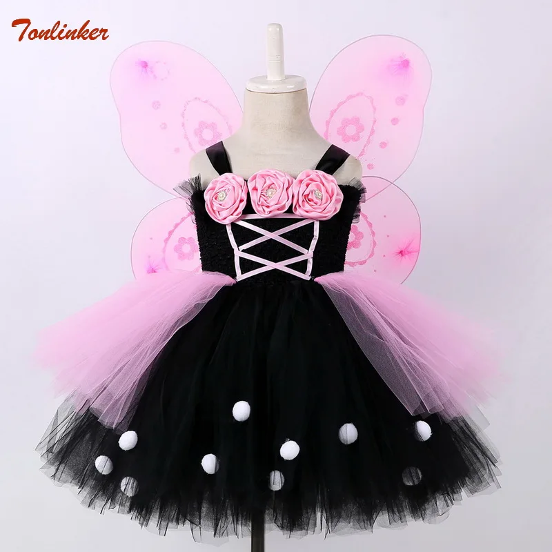 pink black Платье-пачка с бабочками для маленьких девочек Детский костюм феи с цветами и крыльями, волшебная палочка, Детские нарядные вечерние платья розовый, черный, для детей от 2 до 10 лет - Цвет: pink black