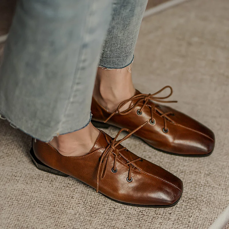 

New Genuine Leather Women Shoes Fashion Lace-Up Oxford Shoes Spring/Autumn Square Toe Thick Heel Handmade Shoes Woman Size 34-40