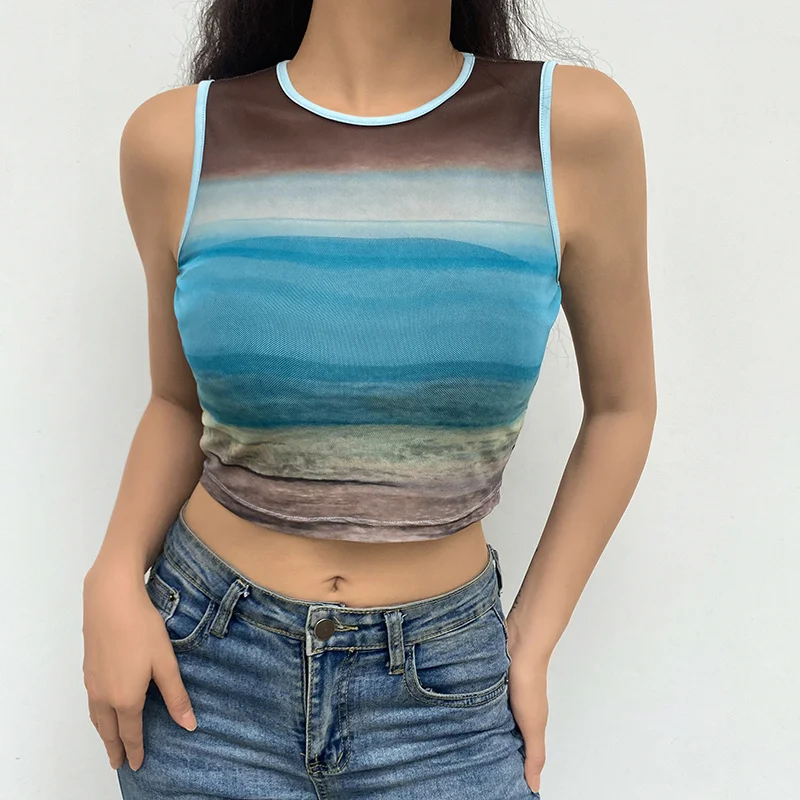 

ZOVSV Sexy Mesh Transparent Cropped Tanks Camis Top Tie Dye Print Sleeveless Croptop Fashion Y2K 90s Camisole Abstract 2021