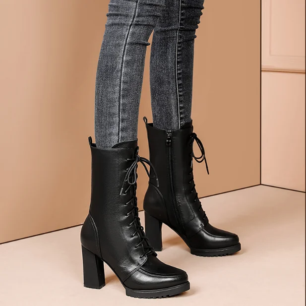 2022 Autumn and Winter High Quality Leather Boots Women's High Heel Knee High Boots Winter Fashion Lace Up Non Slip Warm Boots