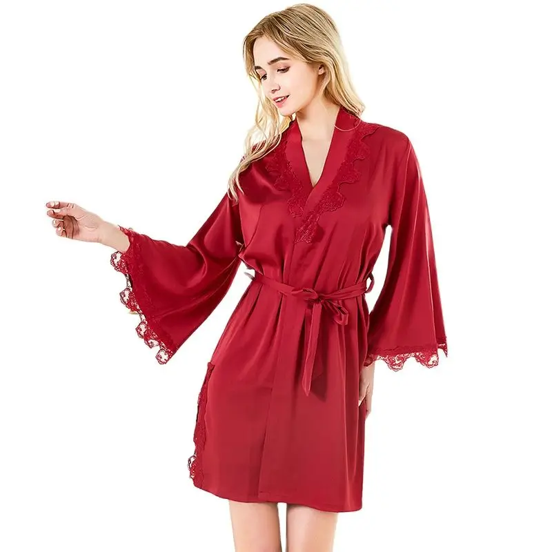 

Two Pieces Summer Pajama for Women's Sets Casual Solid Silk Nightgown Cross Strap Halter Dress Pyjamas Flared Sleeves Lace Satin