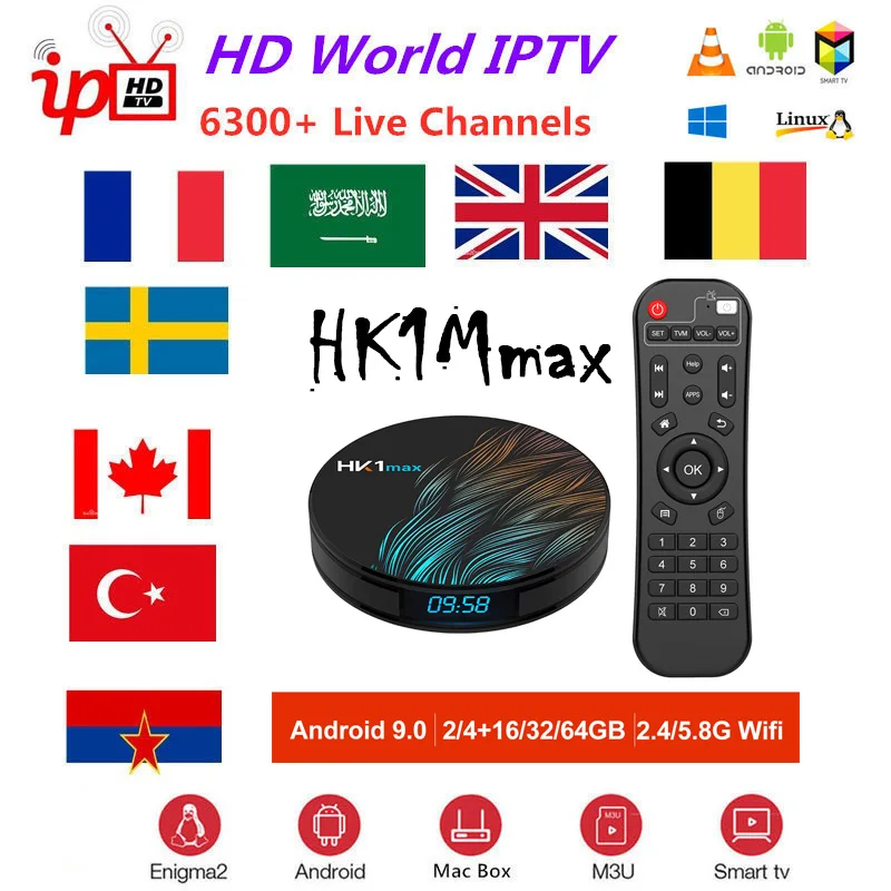 HK1 MAX Android9.0 Смарт ТВ коробка с 1 год Европа арабский Бельгия голландский Франция код IPTV полный 6300+ каналы и 7900 VOD телеприставка