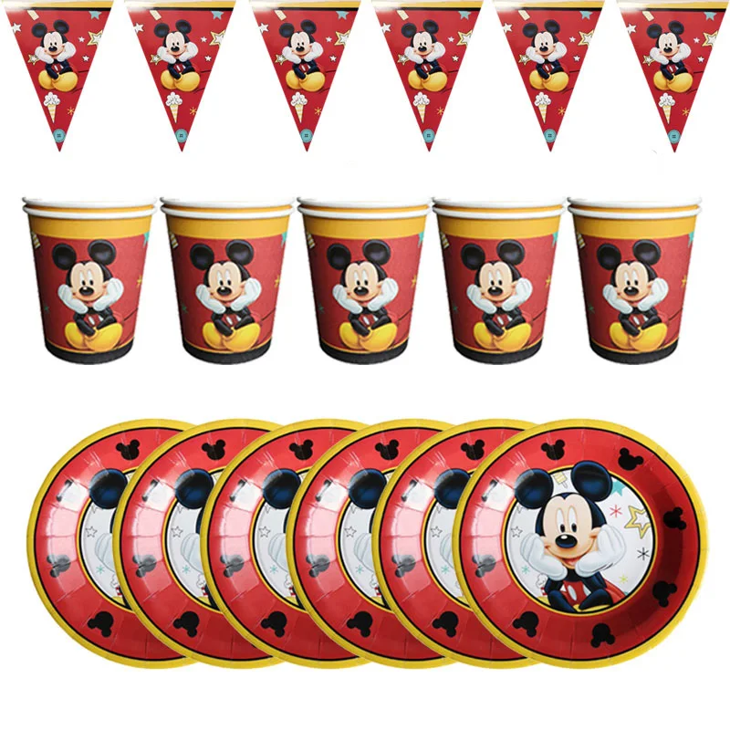 

22pcs Mickey Mouse Party Birthday Disposable Tableware Set For Kid's Birthday Party Mickey Mouse Cup Plate Flag Supplies